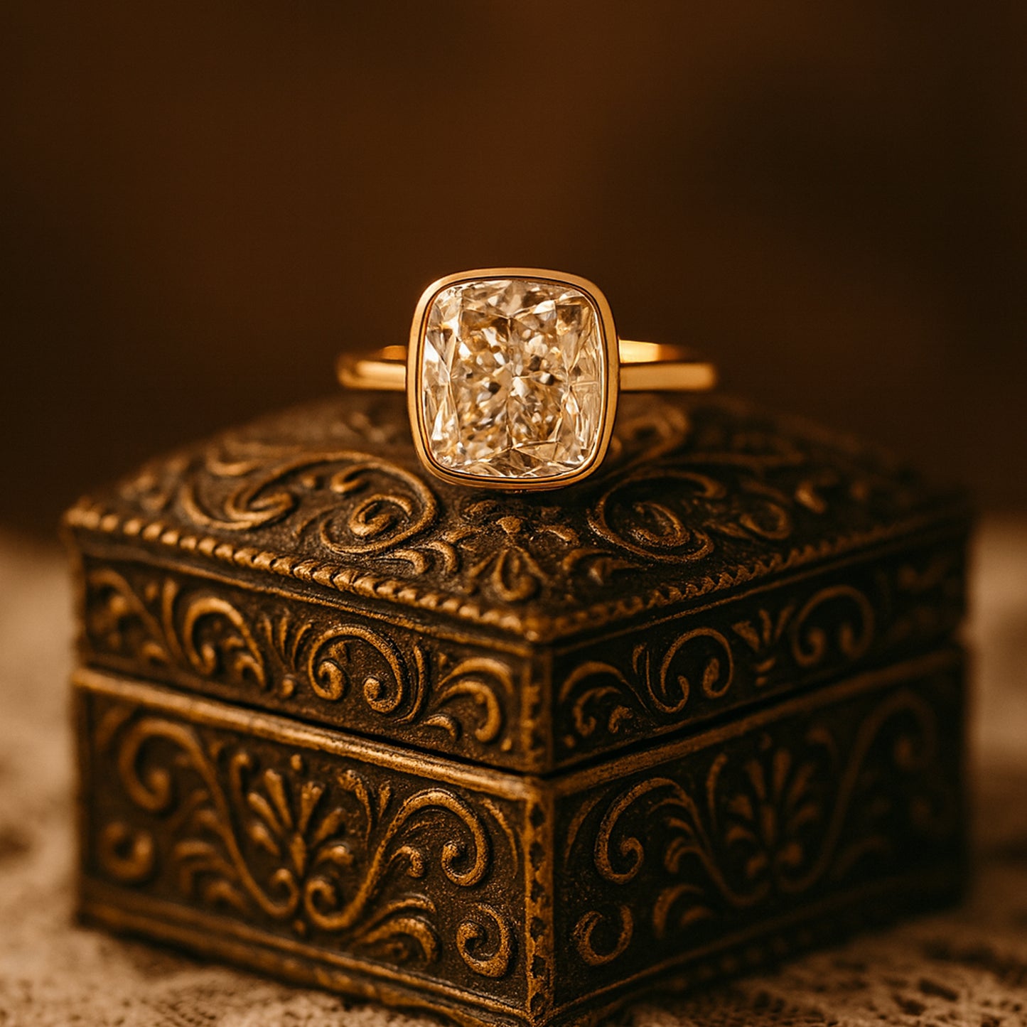 Yellow Gold Cushion Cut Diamond Solitaire Ring – Modern Bezel Setting