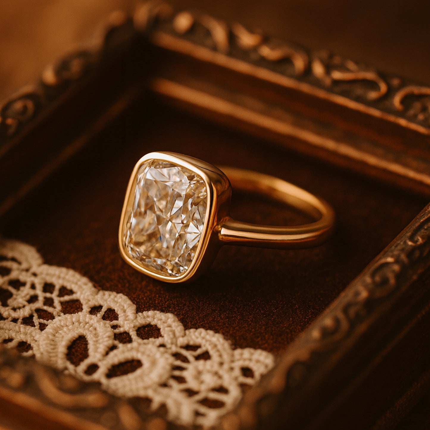 Yellow Gold Cushion Cut Diamond Solitaire Ring – Modern Bezel Setting
