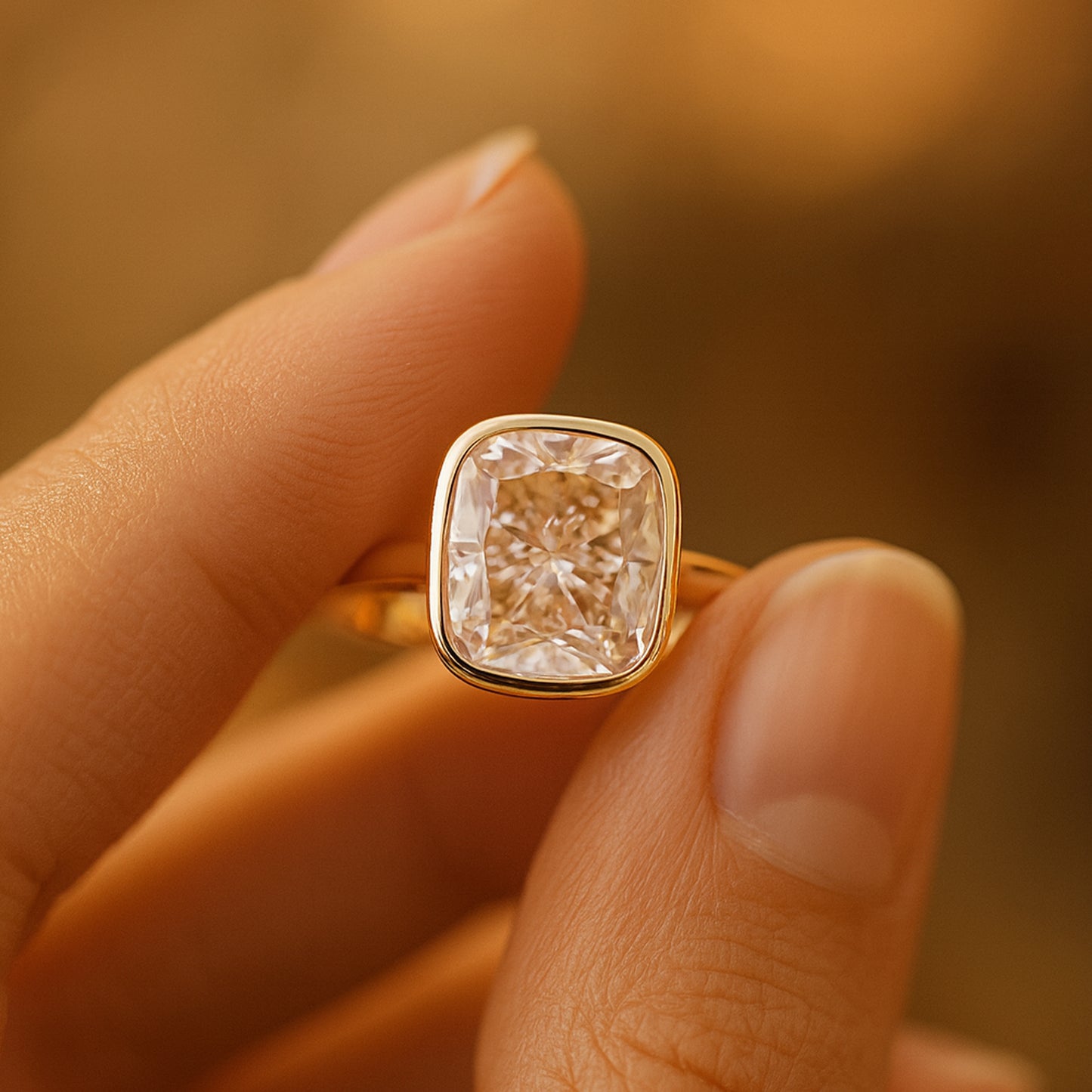 Yellow Gold Cushion Cut Diamond Solitaire Ring – Modern Bezel Setting