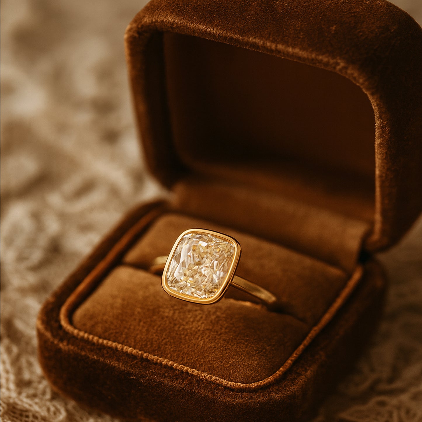 Yellow Gold Cushion Cut Diamond Solitaire Ring – Modern Bezel Setting