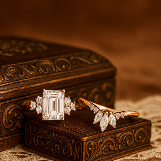 Emerald Cut Moissanite Ring Set With Marquise Moissanite Band