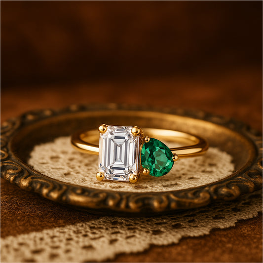 Two Stone Engagement Ring - Engagement Green Gemstones Rings