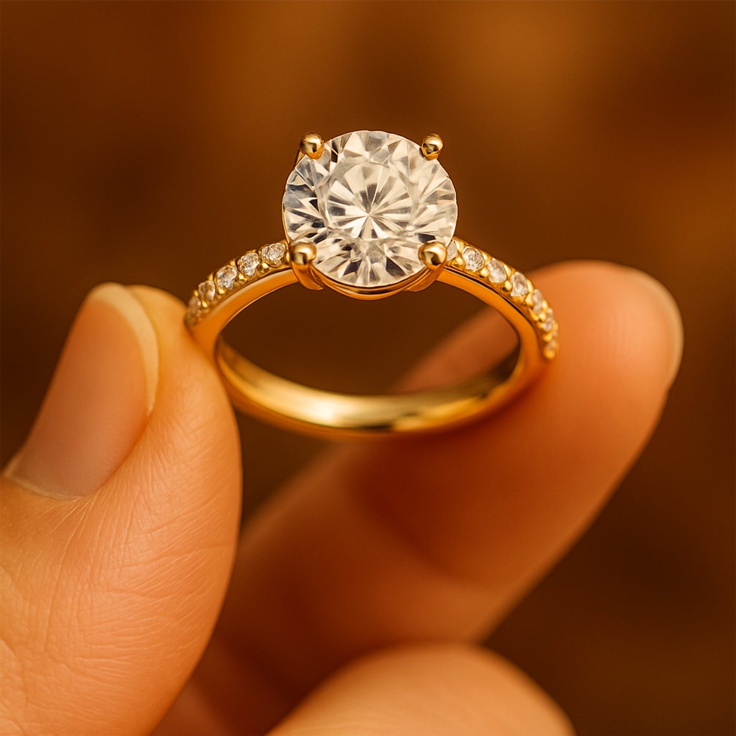 Round Diamond Solitaire Wedding Ring Pavé Band - 14K Yellow Gold