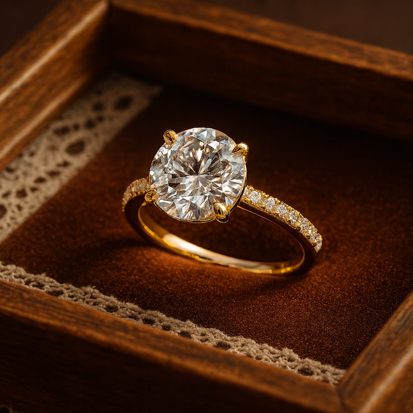 Round Diamond Solitaire Wedding Ring Pavé Band - 14K Yellow Gold