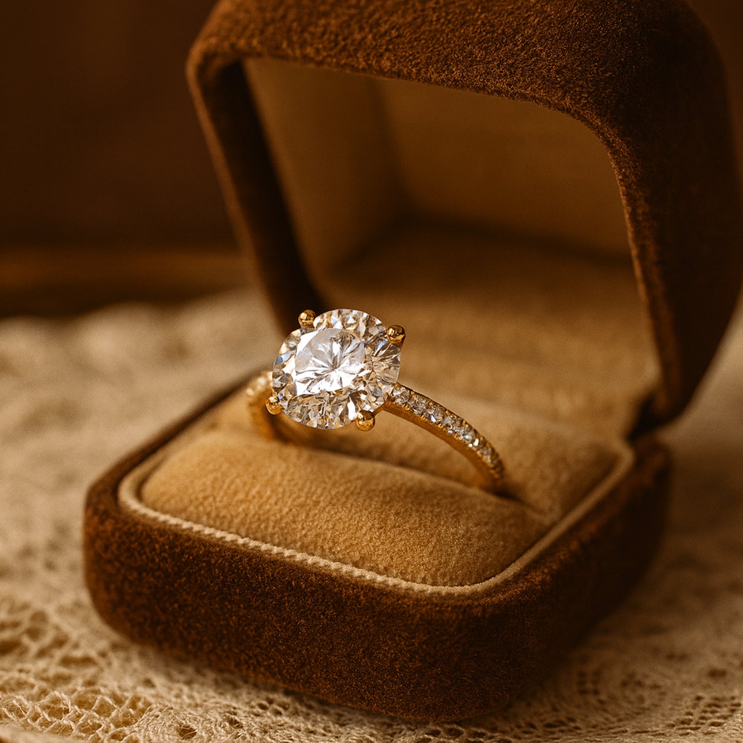 Round Diamond Solitaire Wedding Ring Pavé Band - 14K Yellow Gold