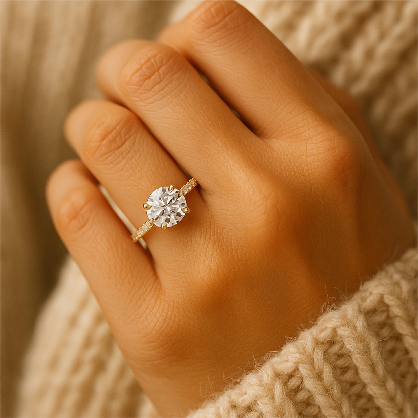 Round Diamond Solitaire Wedding Ring Pavé Band - 14K Yellow Gold