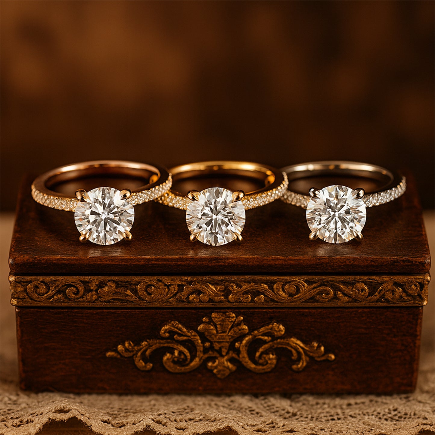 Round Diamond Solitaire Wedding Ring Pavé Band - 14K Yellow Gold