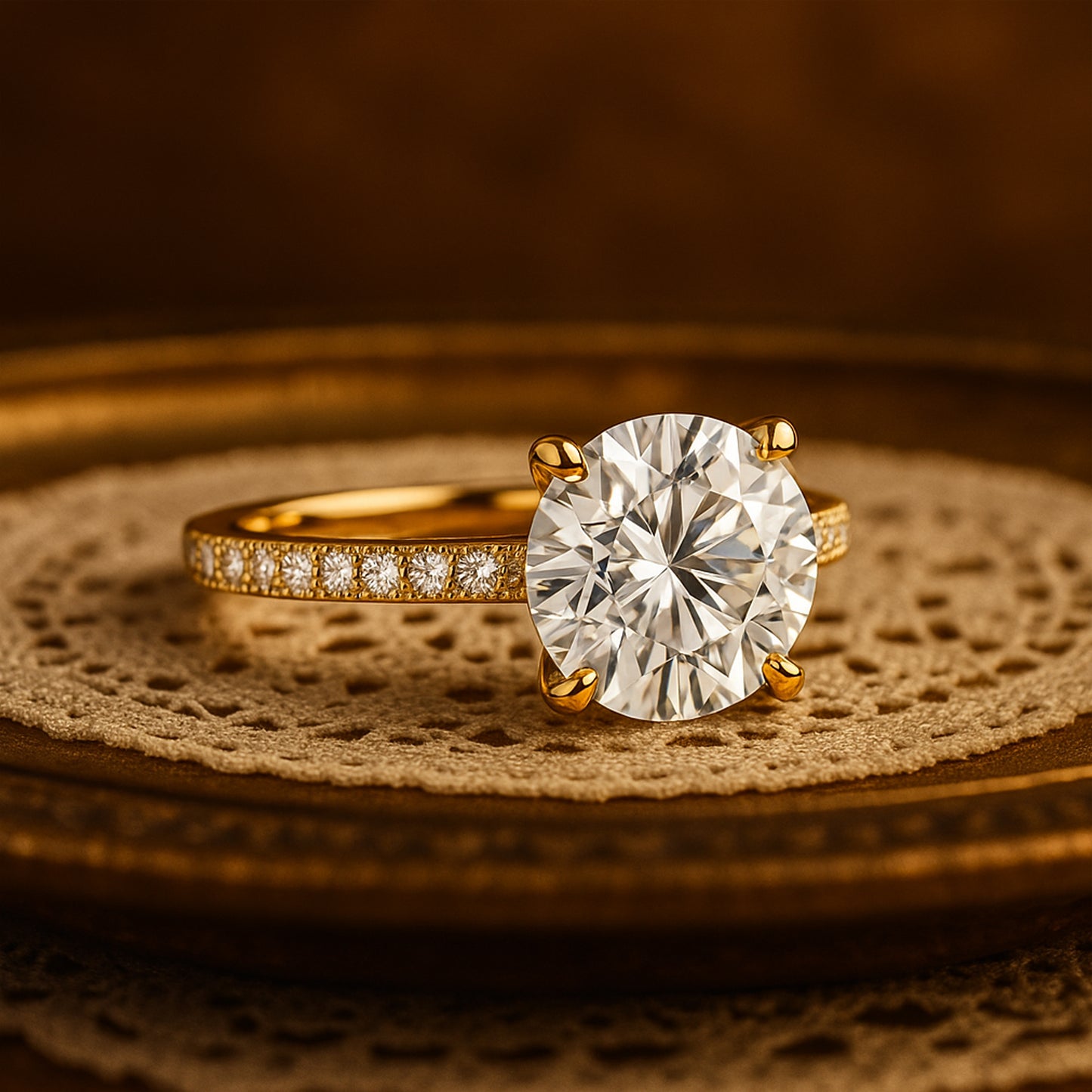 Round Diamond Solitaire Wedding Ring Pavé Band - 14K Yellow Gold