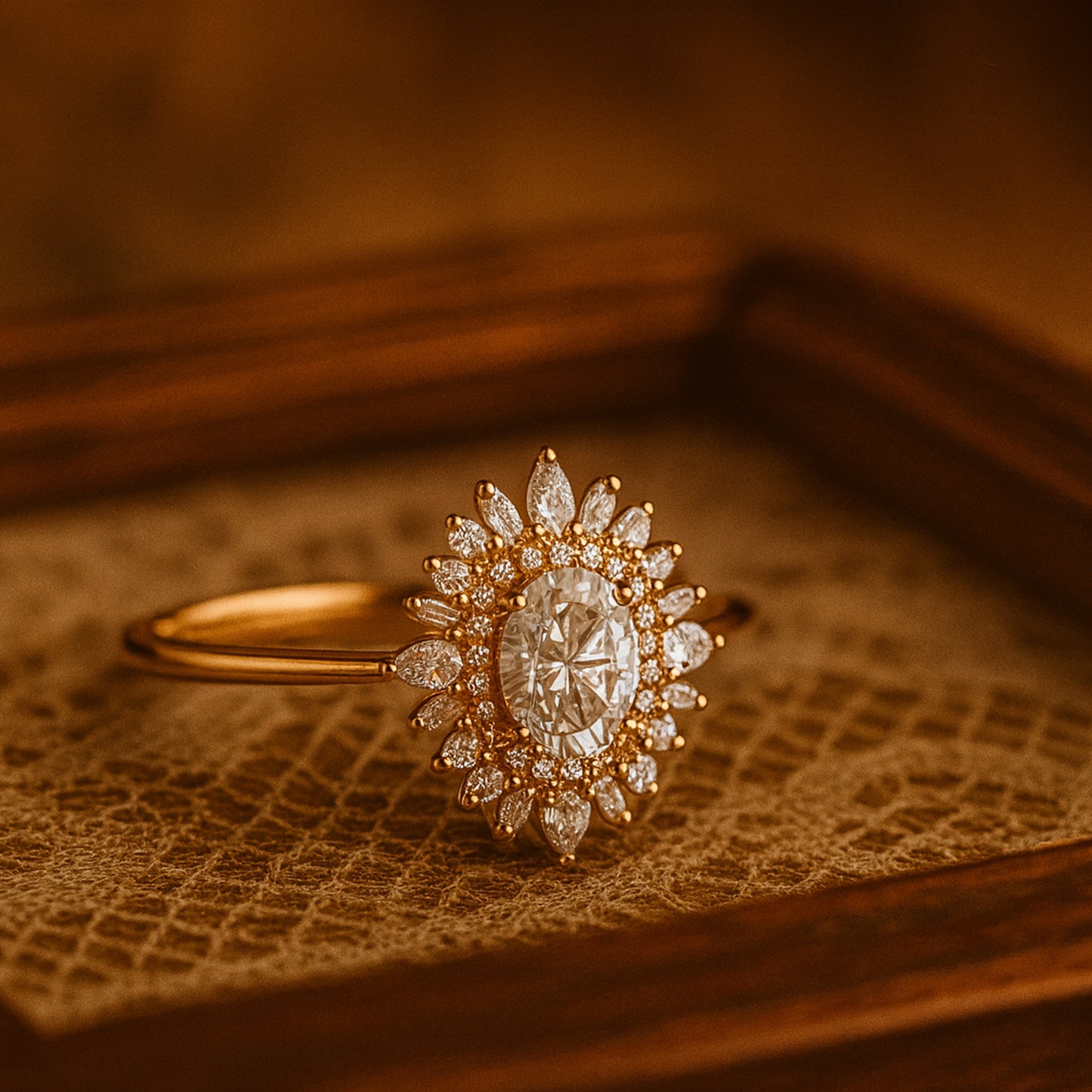 Female Diamond Ring - Oval Cut with Marquise Diamond Halo Design