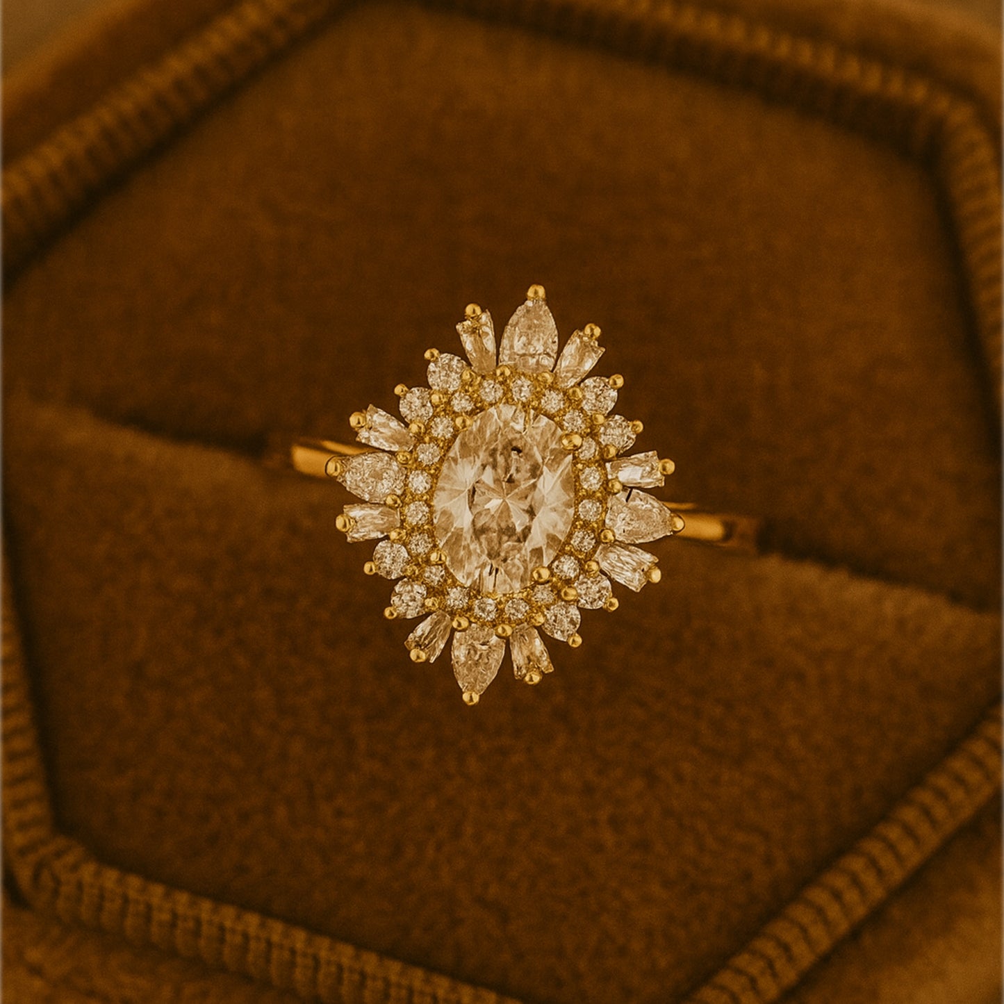 Female Diamond Ring - Oval Cut with Marquise Diamond Halo Design