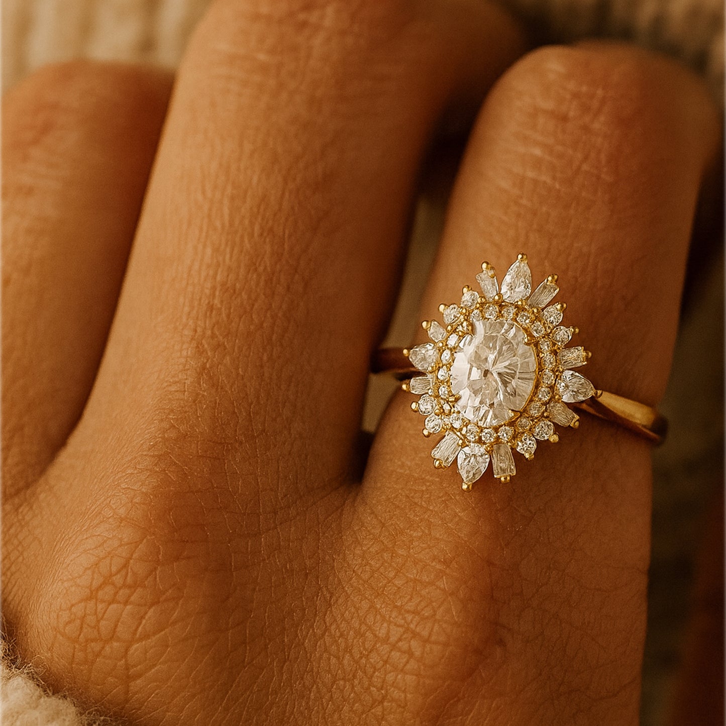 Female Diamond Ring - Oval Cut with Marquise Diamond Halo Design