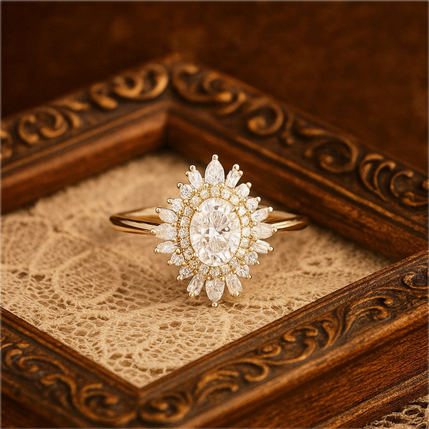 Female Diamond Ring - Oval Cut with Marquise Diamond Halo Design