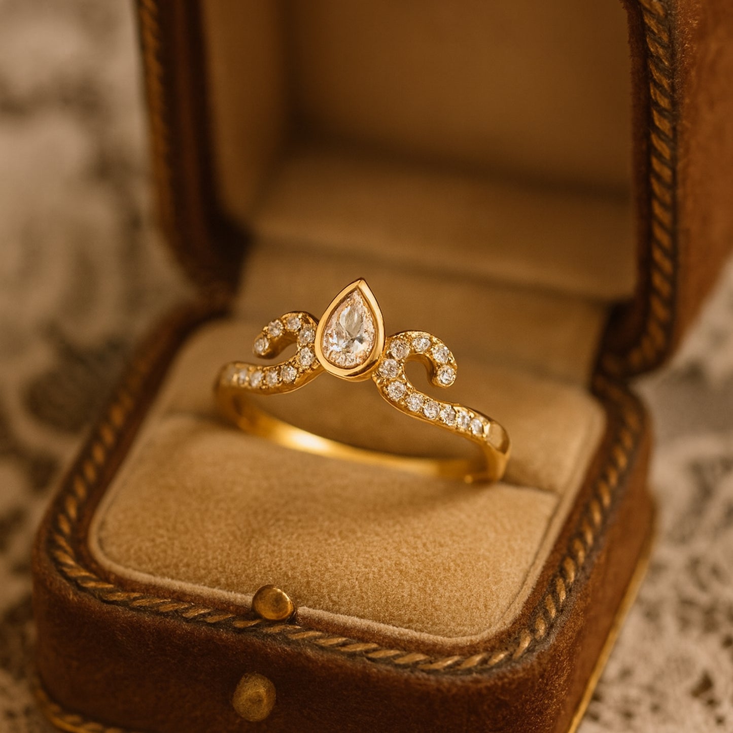 Rings for a Women Pear Cut Diamond with Swirl Pavé Band 10K Gold Rings