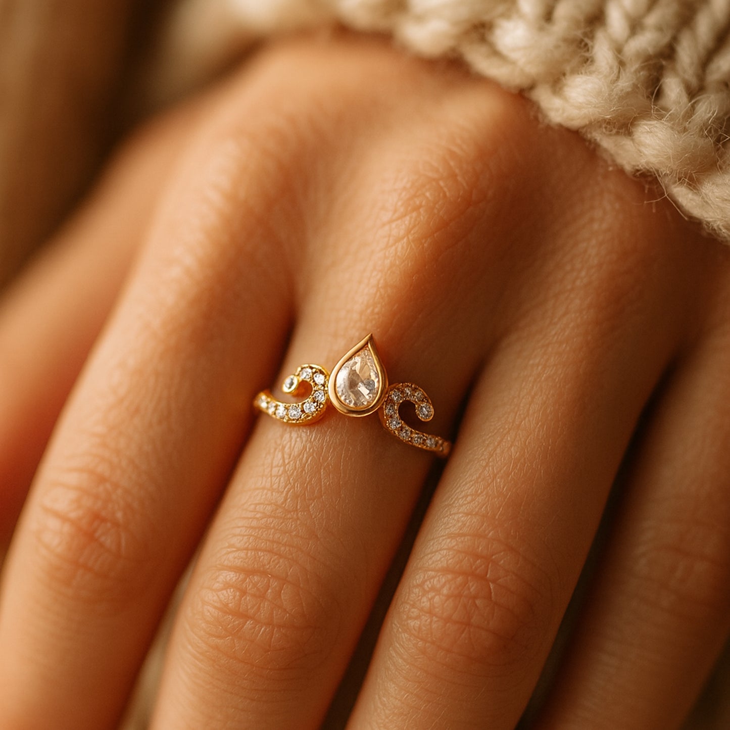 Rings for a Women Pear Cut Diamond with Swirl Pavé Band 10K Gold Rings
