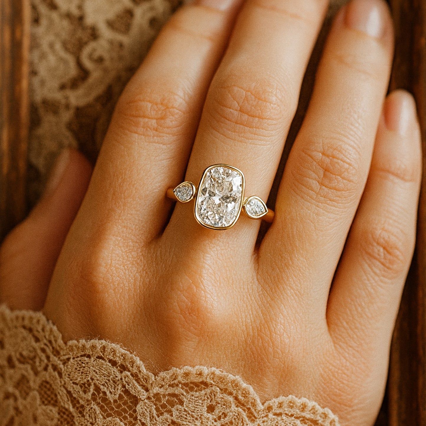 Promise Rings Three Stone Cushion Cut Diamond Engagement 10K Gold Ring