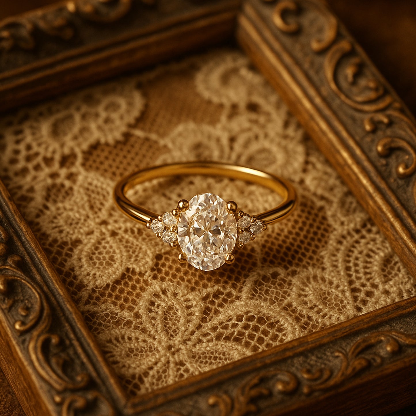 Dec Birthstones Yellow Gold Oval Diamond Three Stones Engagement Rings