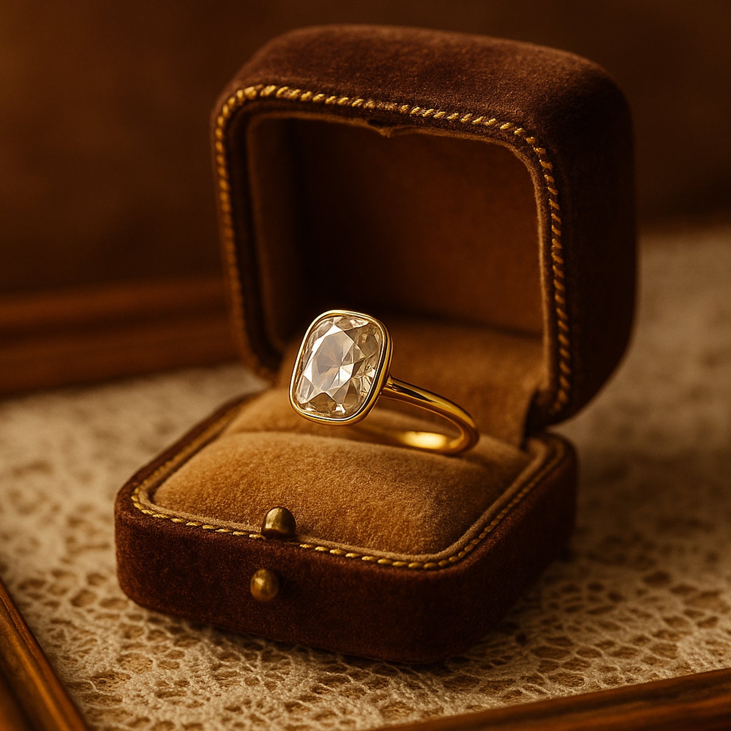 June Birthstone Stone Cushion Cut Bezel Diamond 10K Gold Wedding Rings