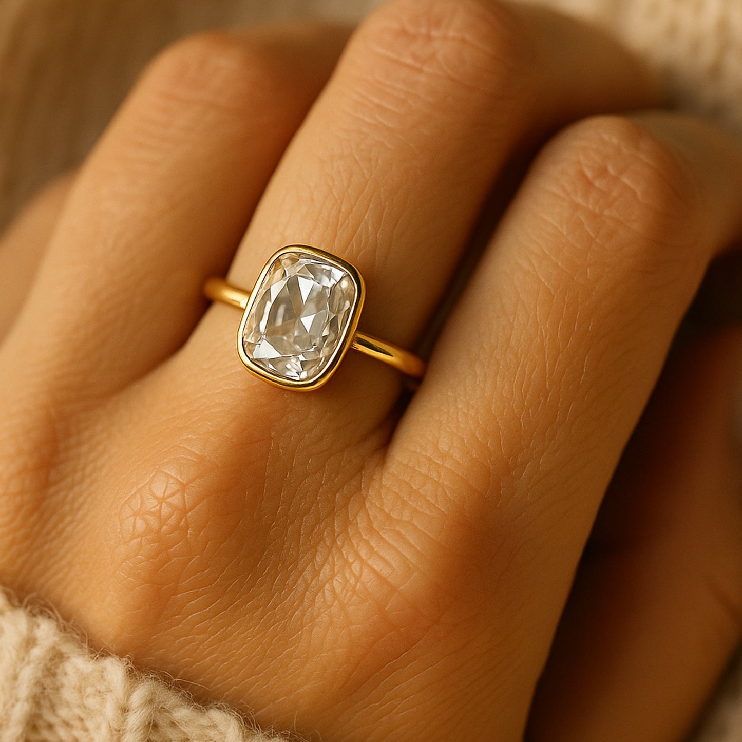 June Birthstone Stone Cushion Cut Bezel Diamond 10K Gold Wedding Rings