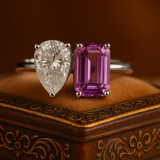 Two Stone Ring Diamond Sapphire - Pear Diamond Pink Emerald Cut Ring