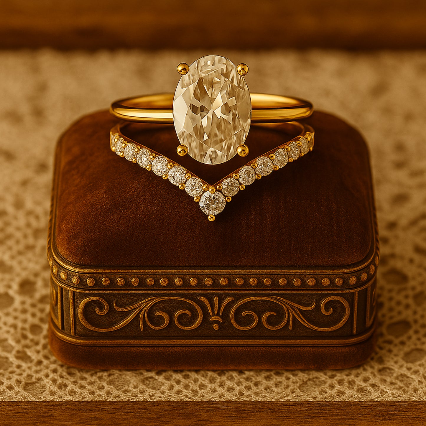 Promise Rings Luxury Oval Diamond Bridal Set 10K Gold Chevron Band Ring