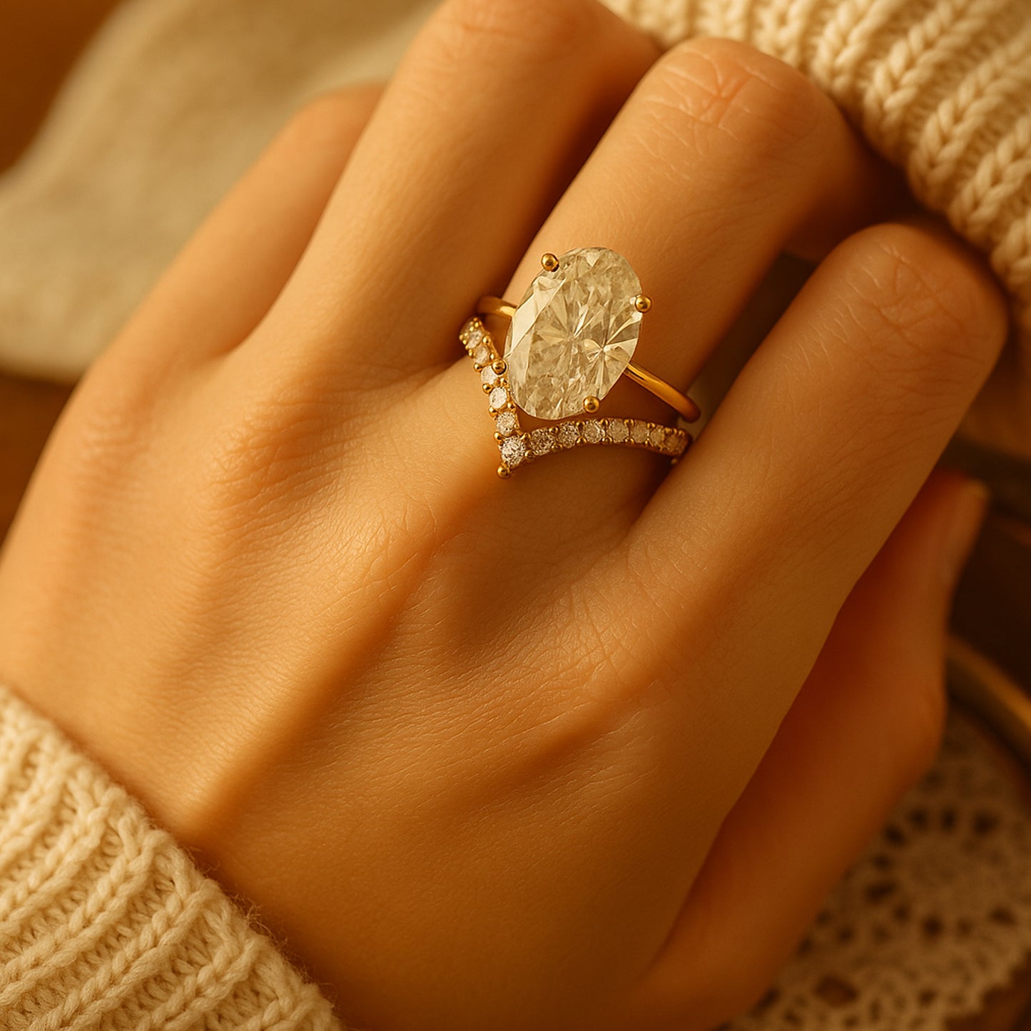 Promise Rings Luxury Oval Diamond Bridal Set 10K Gold Chevron Band Ring