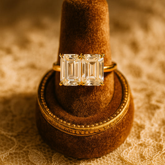 Two Stone Diamond Emerald Cut Ring - Gold Twin Diamond Setting