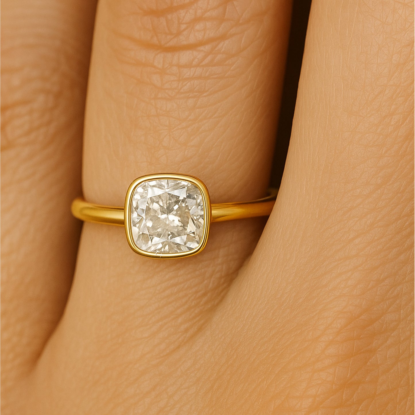 Engagement Rings Bezel Set Cushion Cut VVS1 Diamond 10K Rose Gold Ring