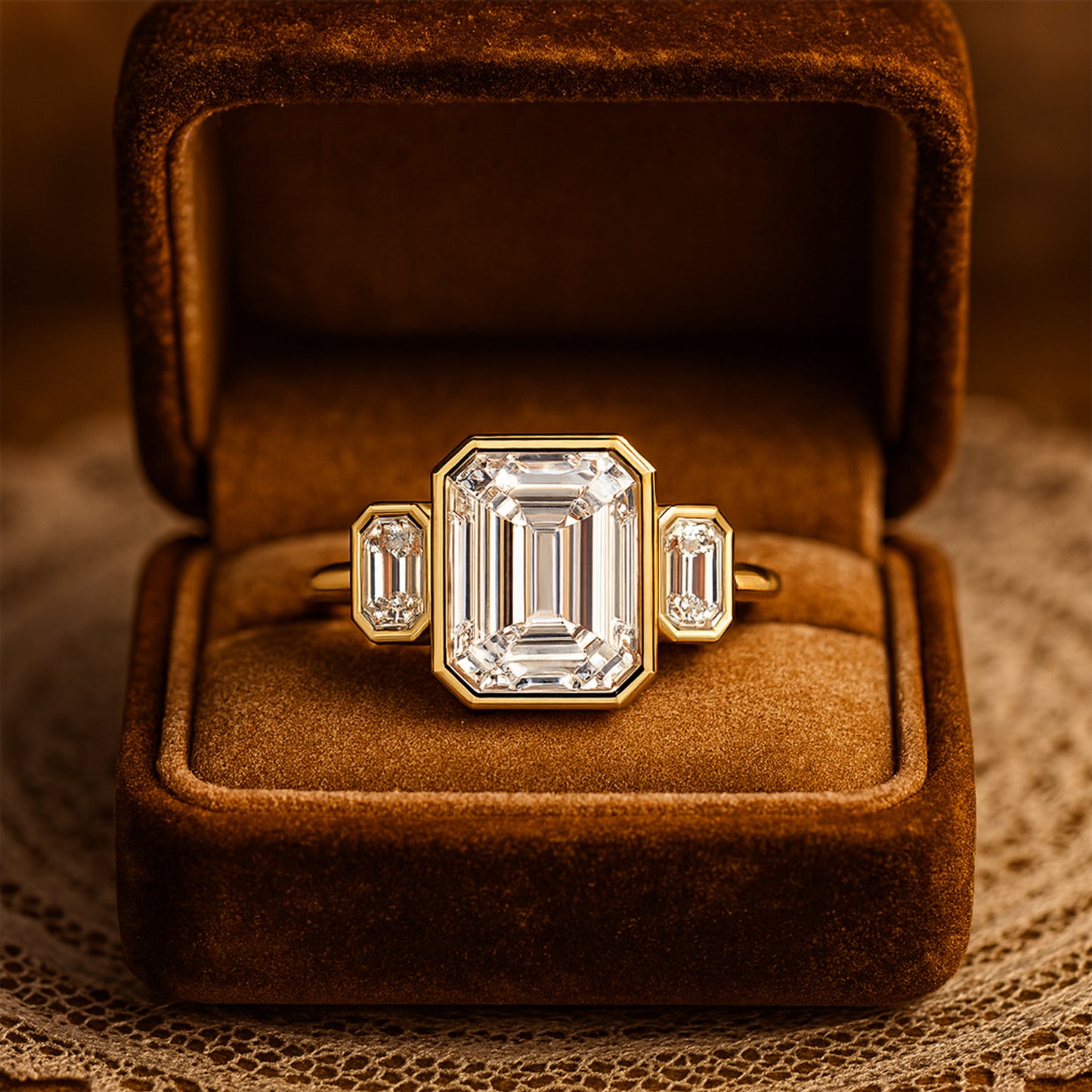 September Birthstone Diamond Ring - Emerald Cut Bezel Three Stone Ring