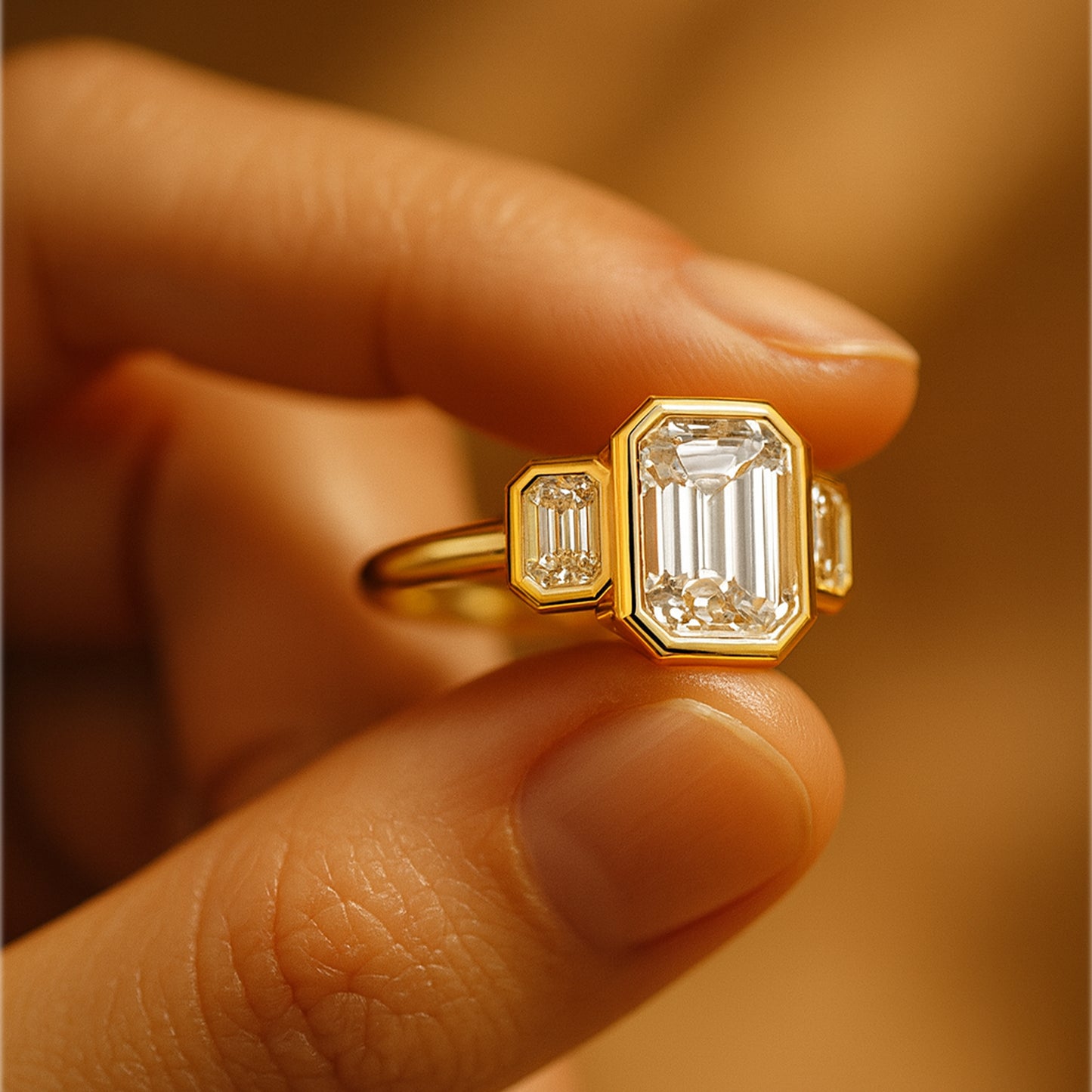 September Birthstone Diamond Ring - Emerald Cut Bezel Three Stone Ring