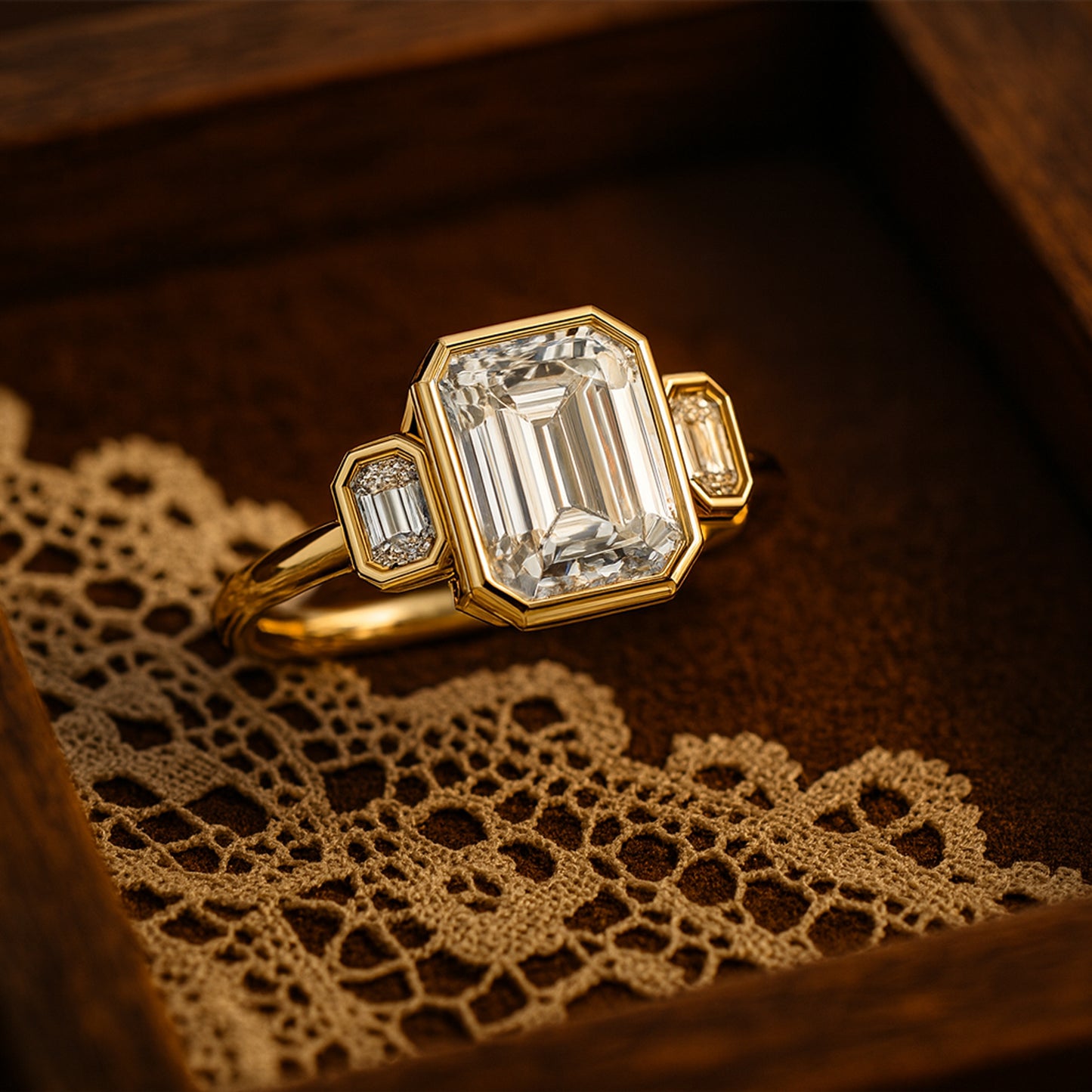 September Birthstone Diamond Ring - Emerald Cut Bezel Three Stone Ring