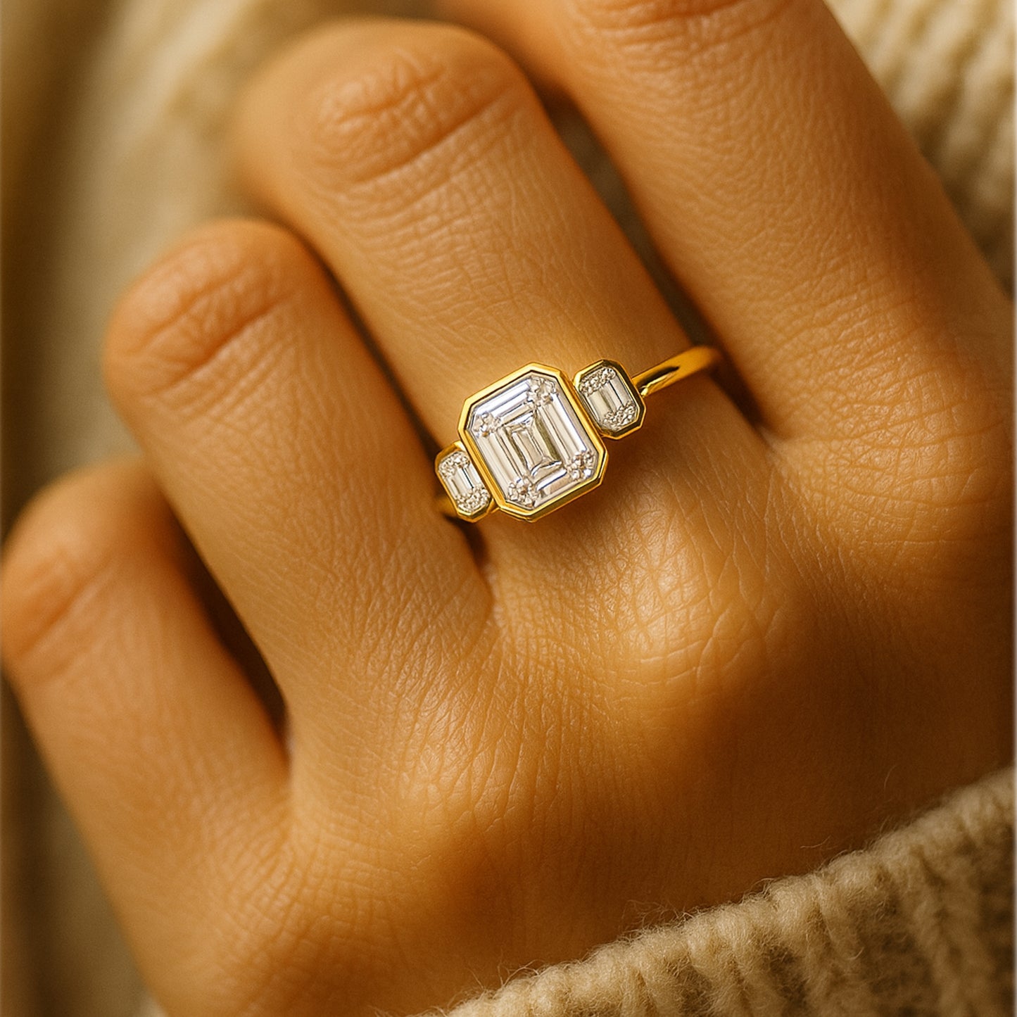 September Birthstone Diamond Ring - Emerald Cut Bezel Three Stone Ring