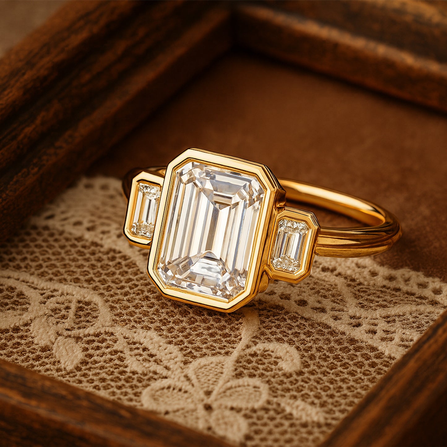 September Birthstone Diamond Ring - Emerald Cut Bezel Three Stone Ring