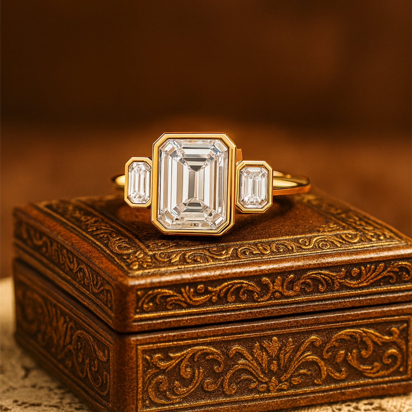September Birthstone Diamond Ring - Emerald Cut Bezel Three Stone Ring