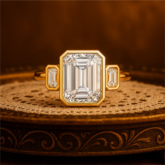 September Birthstone Diamond Ring - Emerald Cut Bezel Three Stone Ring