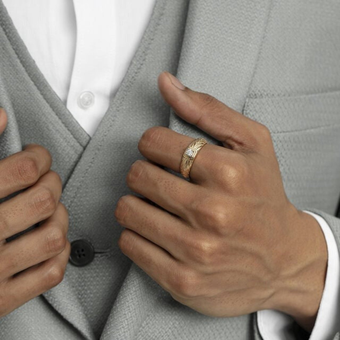 Men's Wedding Ring 10K Gold - V-Pattern Diamond Band for Grooms