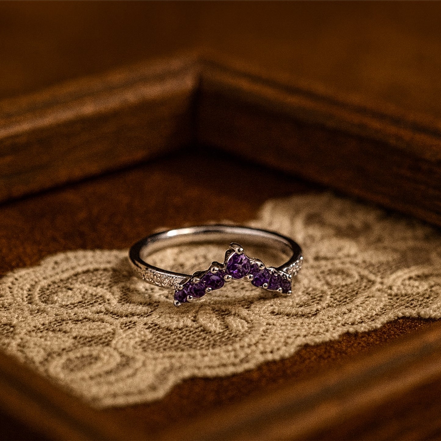 Chevron Purple Sapphire Gold Band – Unique V Shape Ring with International Shipping