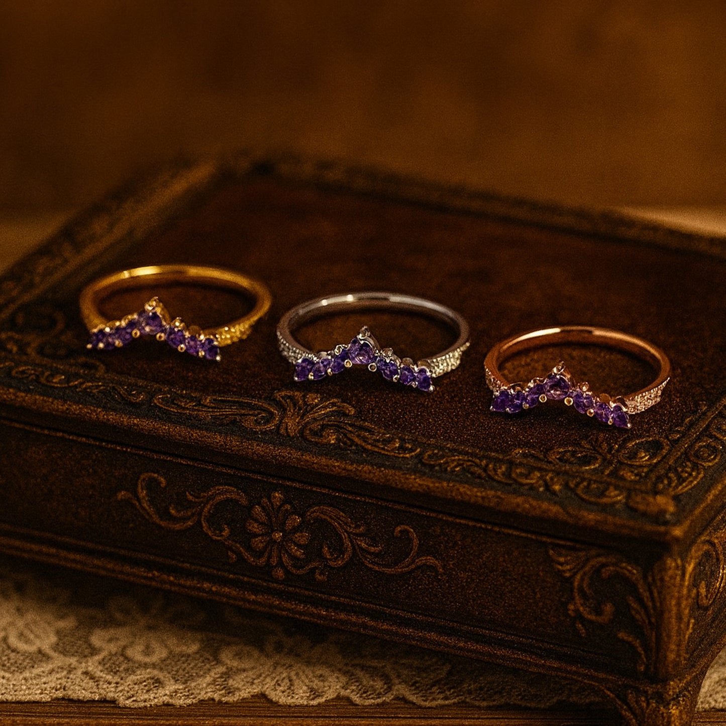 Purple Sapphire Diamond Wedding Band - Chevron V Shape Gold Ring