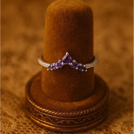 Purple Sapphire Diamond Wedding Band - Chevron V Shape Gold Ring