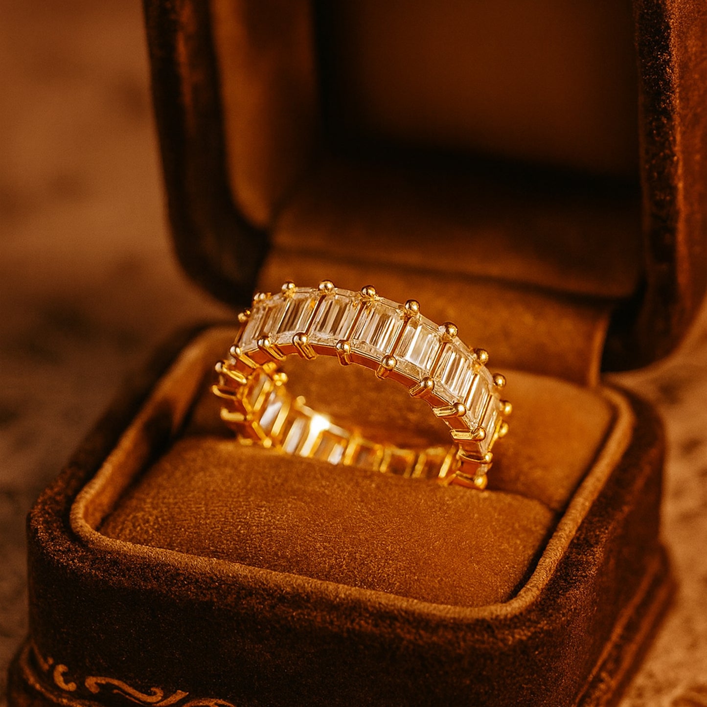 Emerald Cut Diamond Eternity Ring Close-Up - Step-Cut Faceting Premium Quality By Diiro