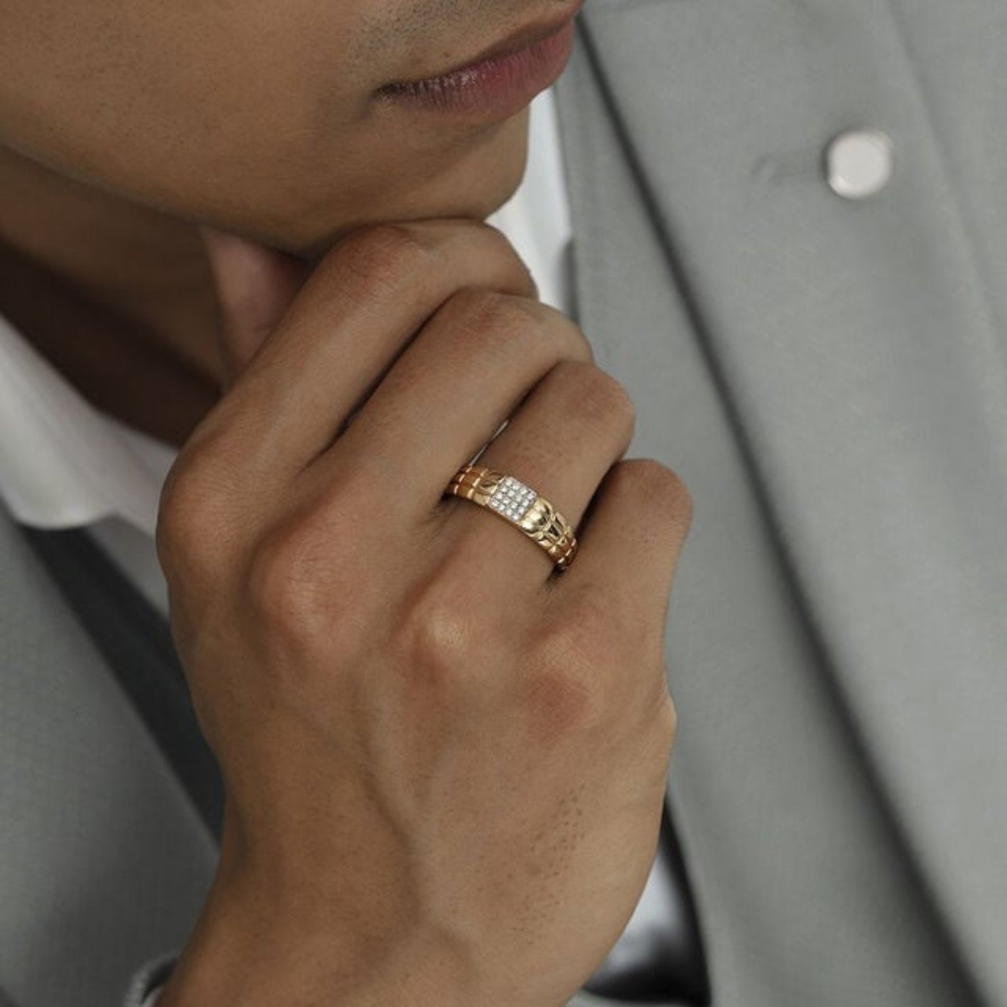 Designer Men's Wedding Band - 14K Gold Ring with Diamond Cluster