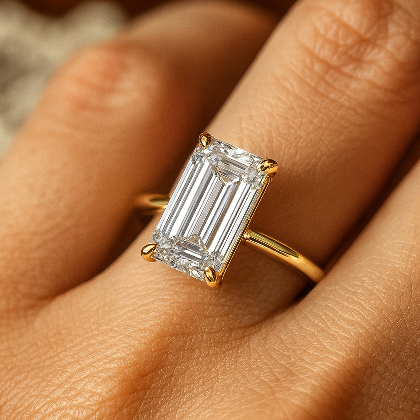 Married Rings for Women Emerald Cut Diamond Solitaire Yellow Gold Ring
