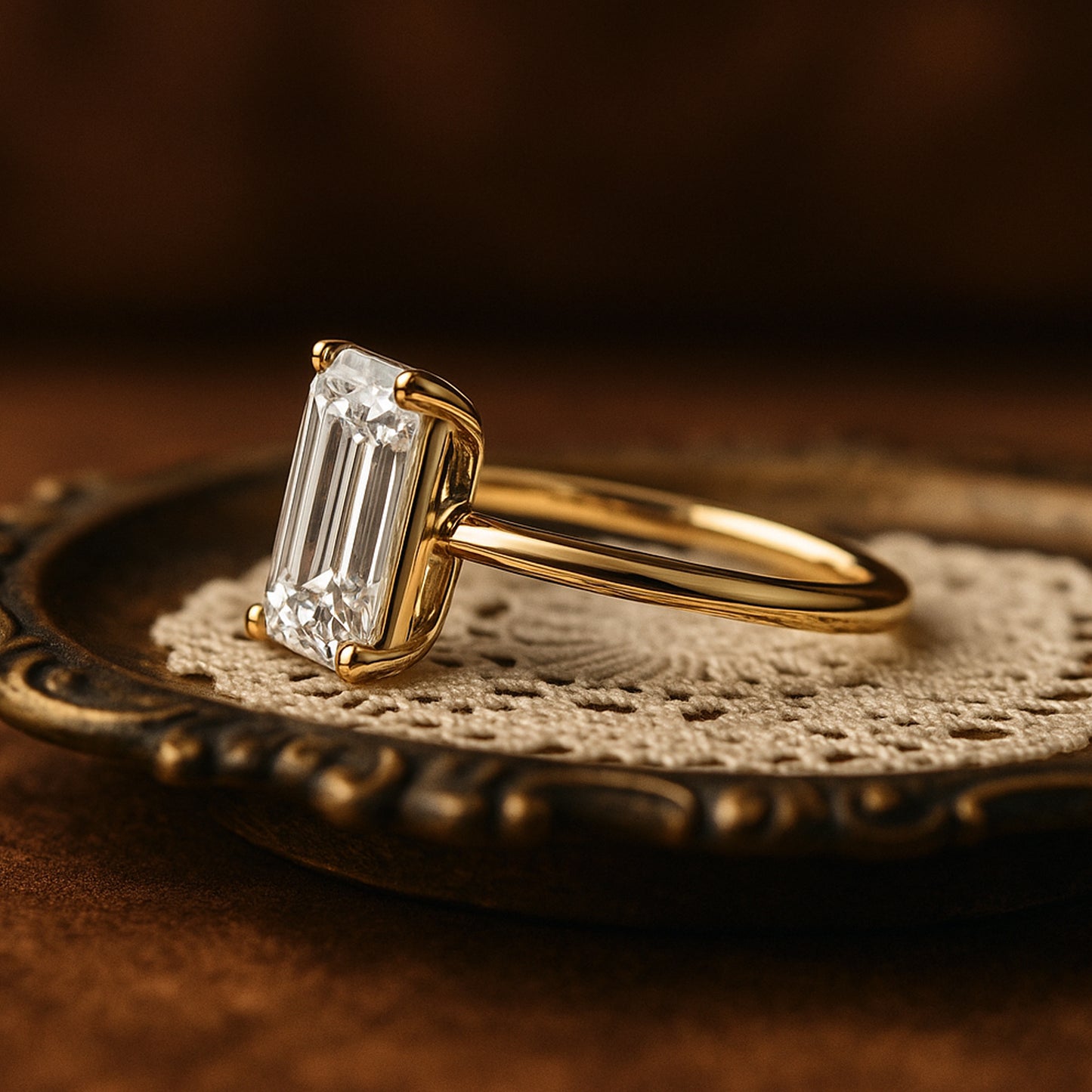 Married Rings for Women Emerald Cut Diamond Solitaire Yellow Gold Ring