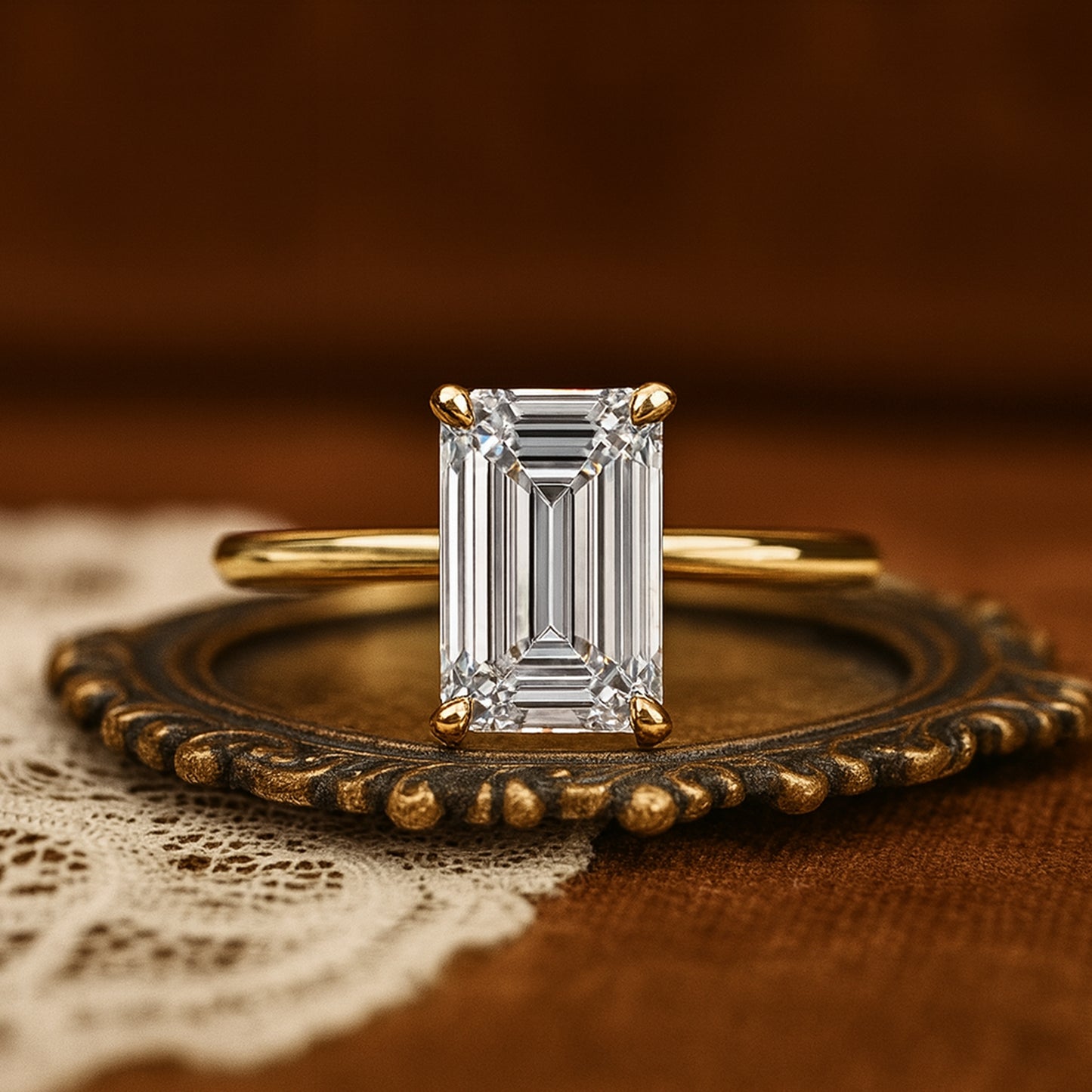 Married Rings for Women Emerald Cut Diamond Solitaire Yellow Gold Ring