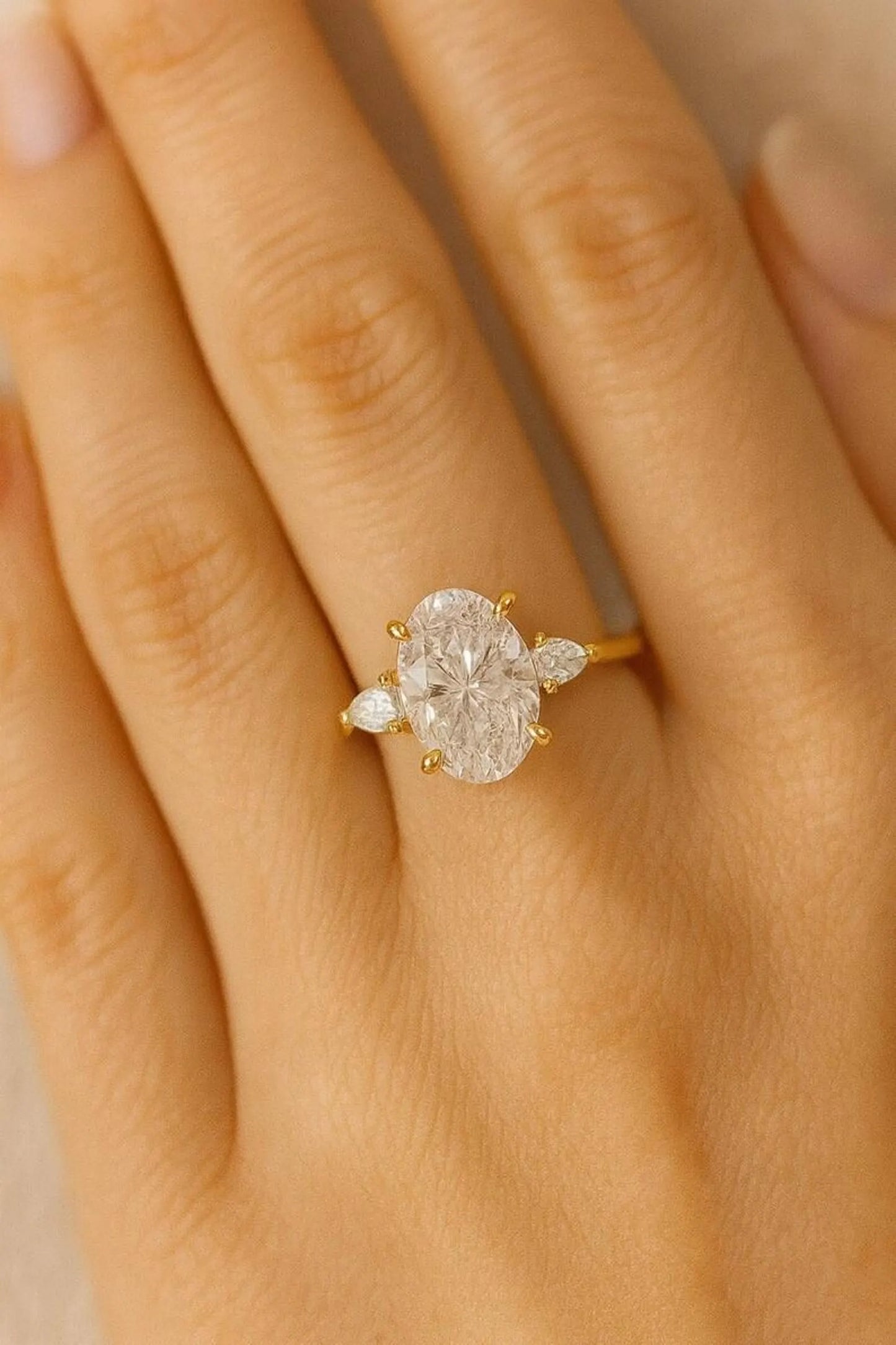 Engagement Rings Oval Cut Moissanite Diamond with Pear Side Stone Ring