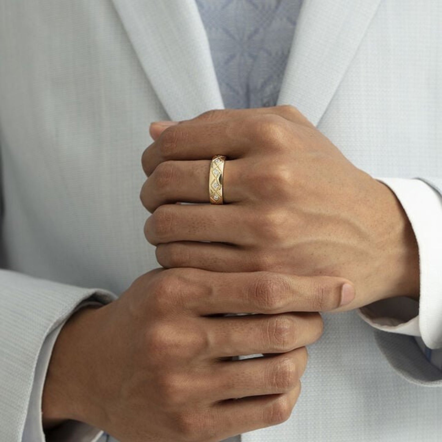 Men's Statement Ring - 10K Yellow Gold Band with Diamond Details