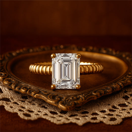 Emerald Cut Diamond Marriage Ring Twisted Gold Band - Solitaire Setting