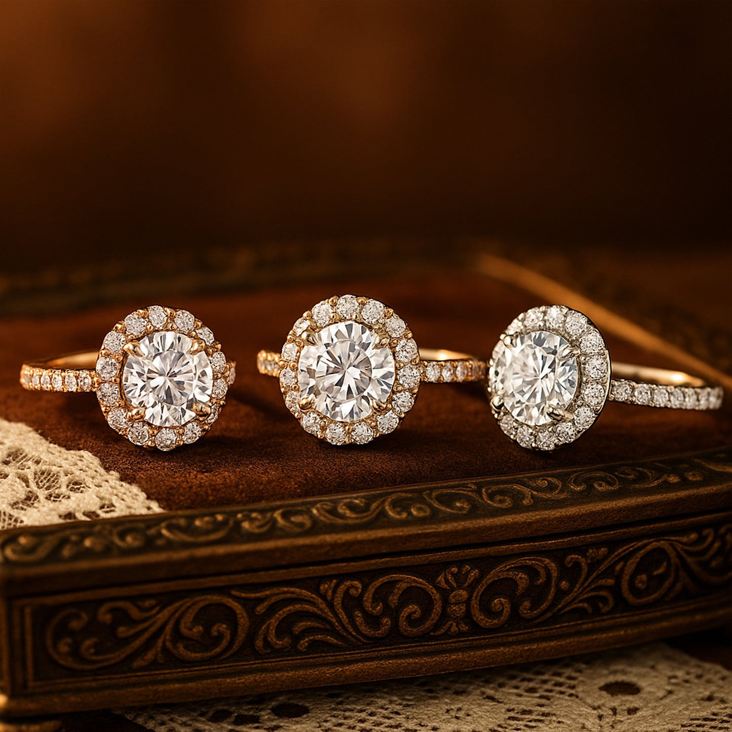 Women's Gold Diamond Wedding Ring - Round Halo Pave Band Design