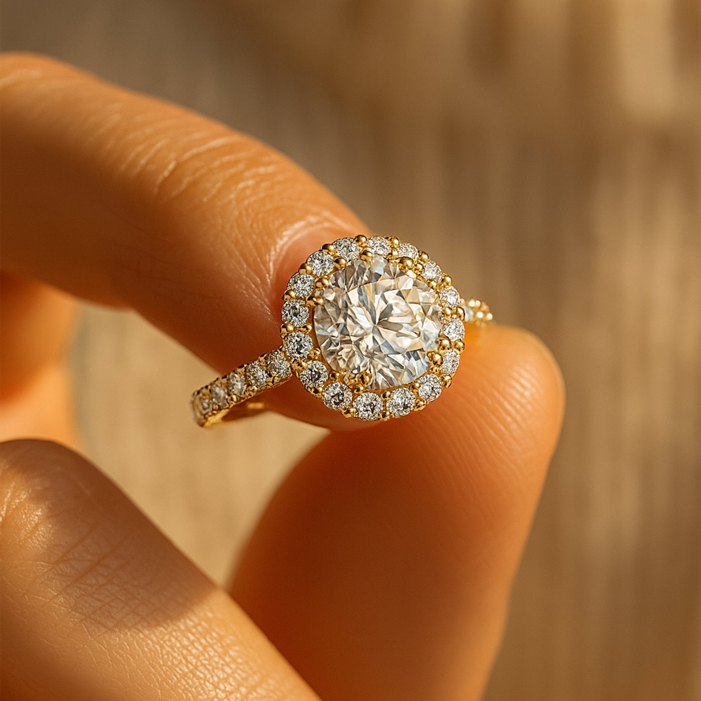 Women's Gold Diamond Wedding Ring - Round Halo Pave Band Design