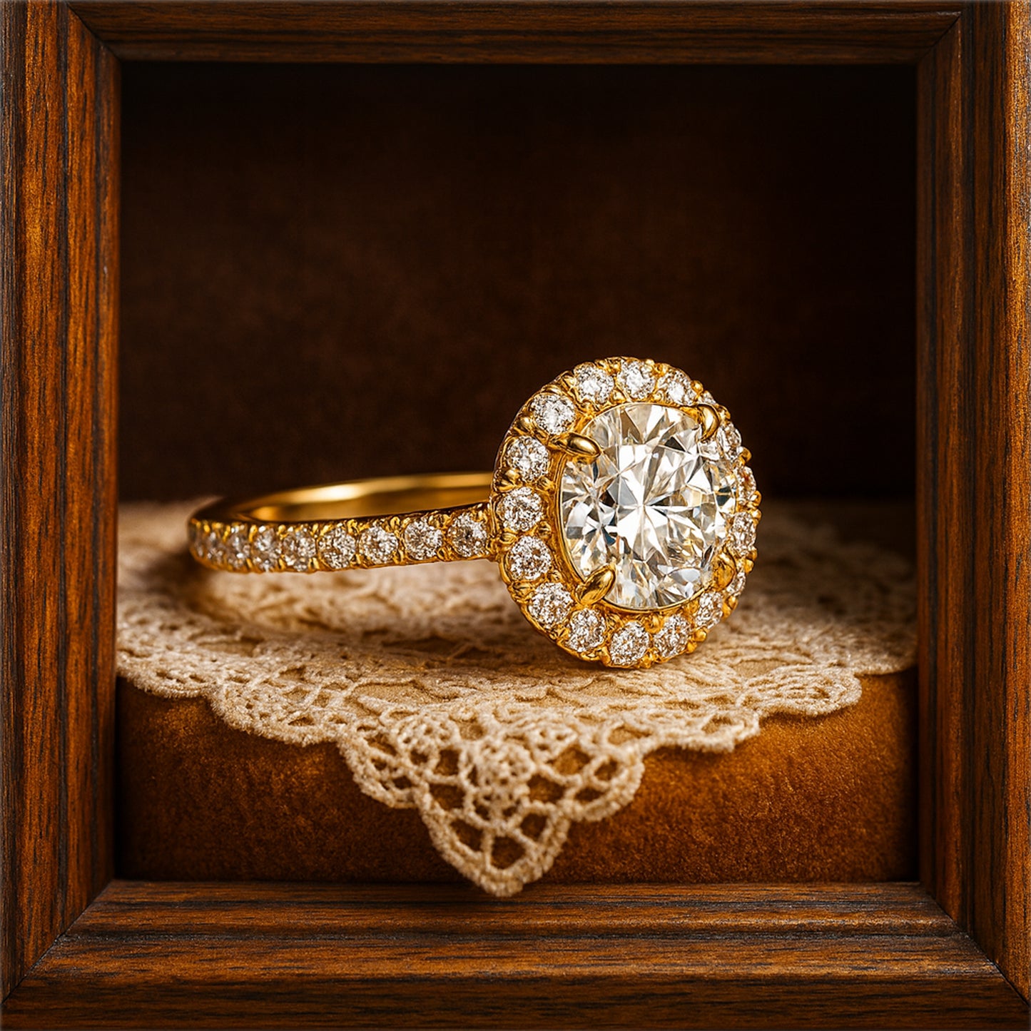Women's Gold Diamond Wedding Ring - Round Halo Pave Band Design
