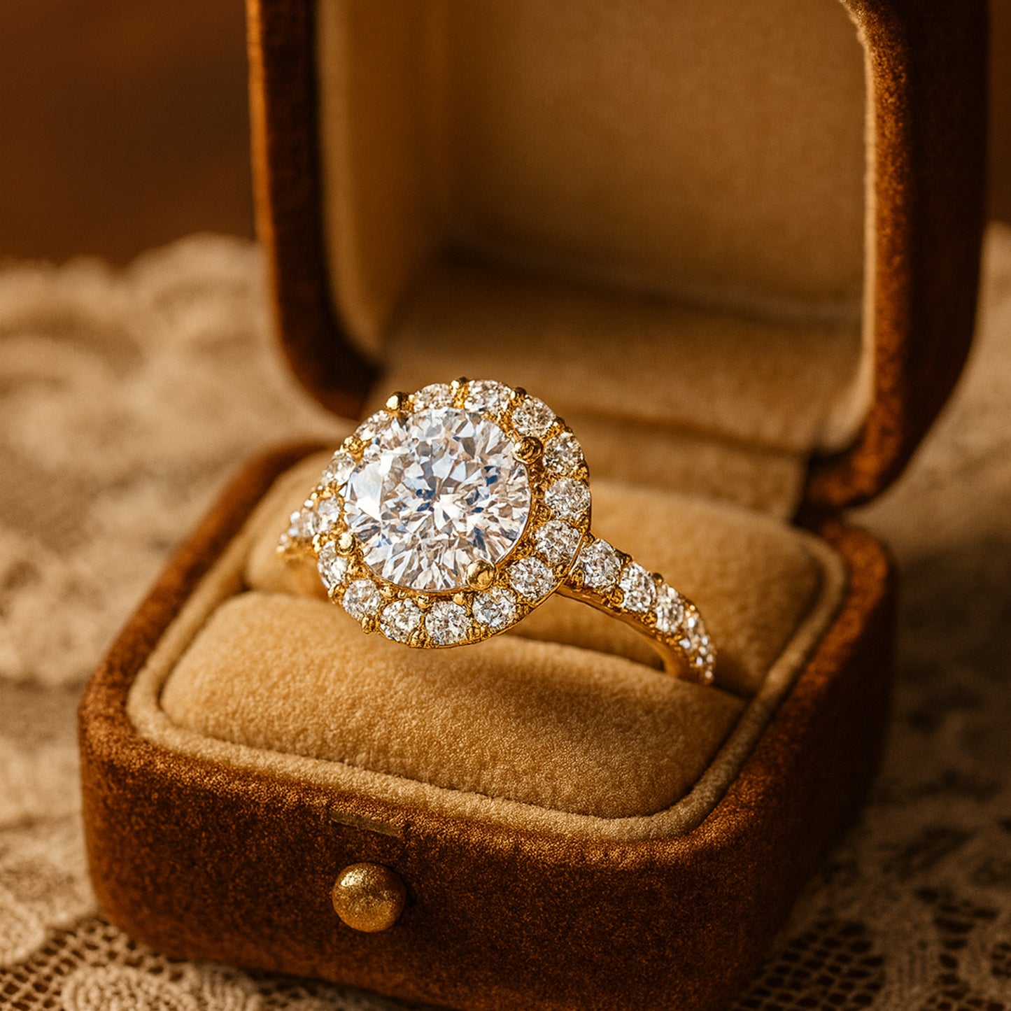 Women's Gold Diamond Wedding Ring - Round Halo Pave Band Design